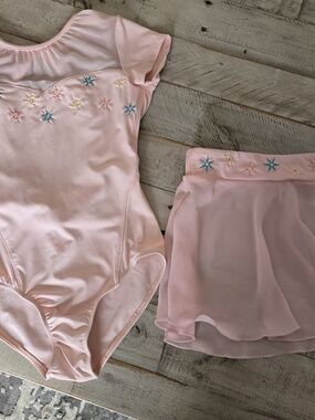 Bloch Pink Embroidered Short Sleeve Leotard with Chiffon Wrap Skirt